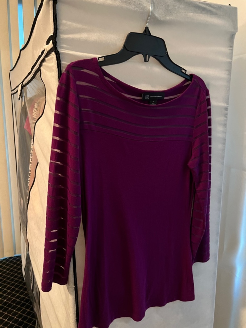 INC Magenta Long Sleeve Sheer-Striped Sleeve Boatneck Top